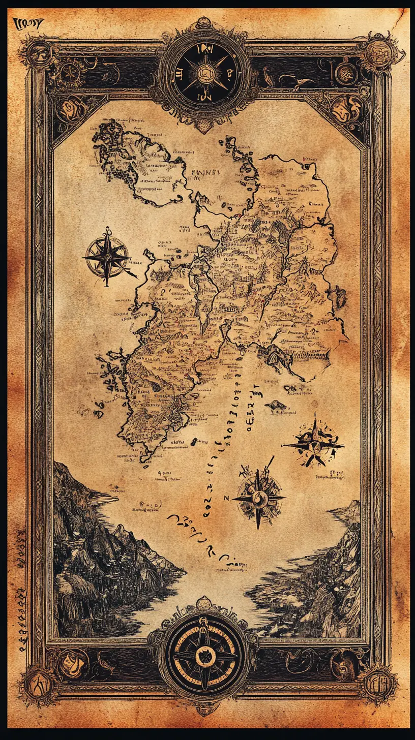 古びた羊皮紙に描かれた幻想的な中世風世界地図