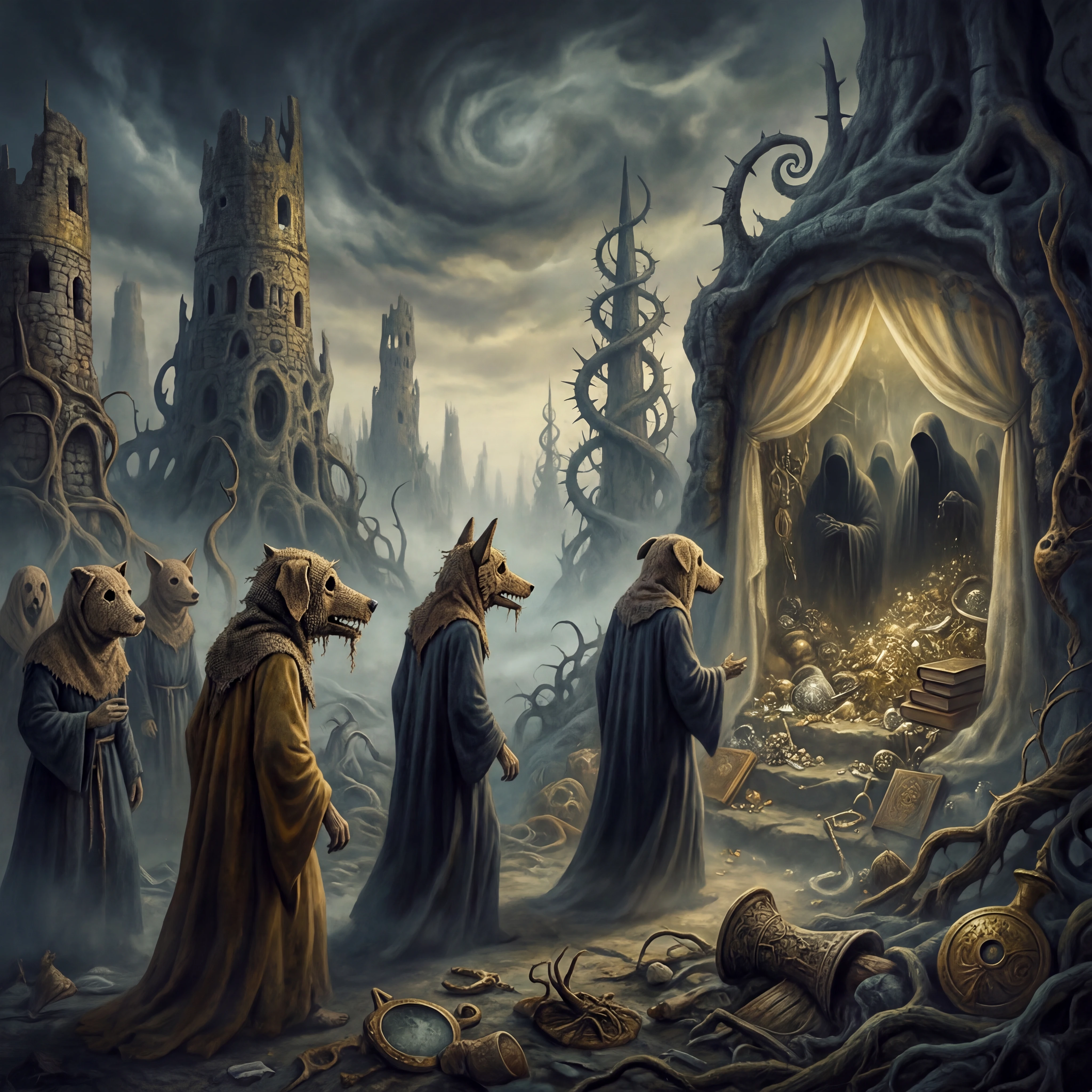 Dog headed humanoids in a surreal dreamlike landscape
