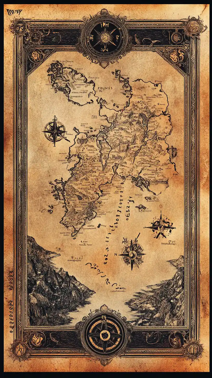 Fantastical Medieval World Map On Aged Parchment