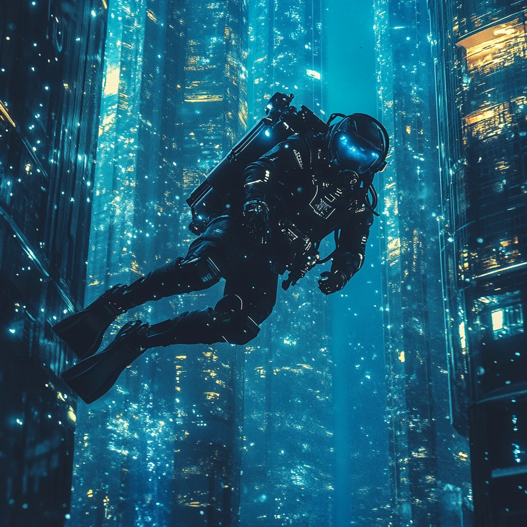Underwater explorer passing a glowing skyscraper in deep ocean