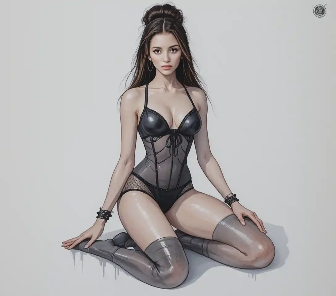 옅은 배경 위 검은 란제리를 입은 여성의 디지털 일러스트
