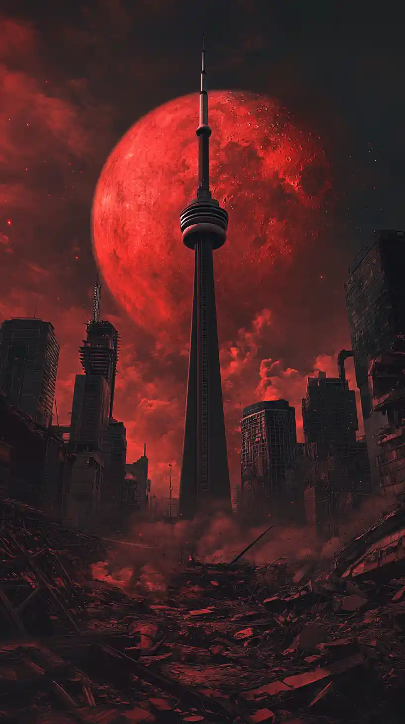Apocalyptic Toronto Ruins With Tower And Crimson Moon