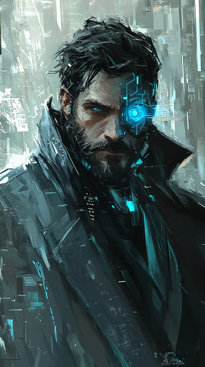 Cybernetic detective with glowing blue eye in urban chaos