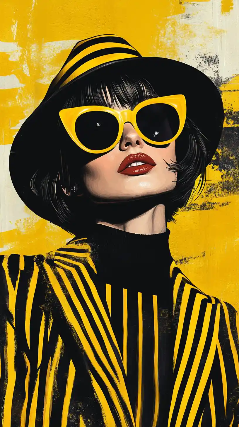 Donna elegante in ritratto pop art giallo con accessori audaci