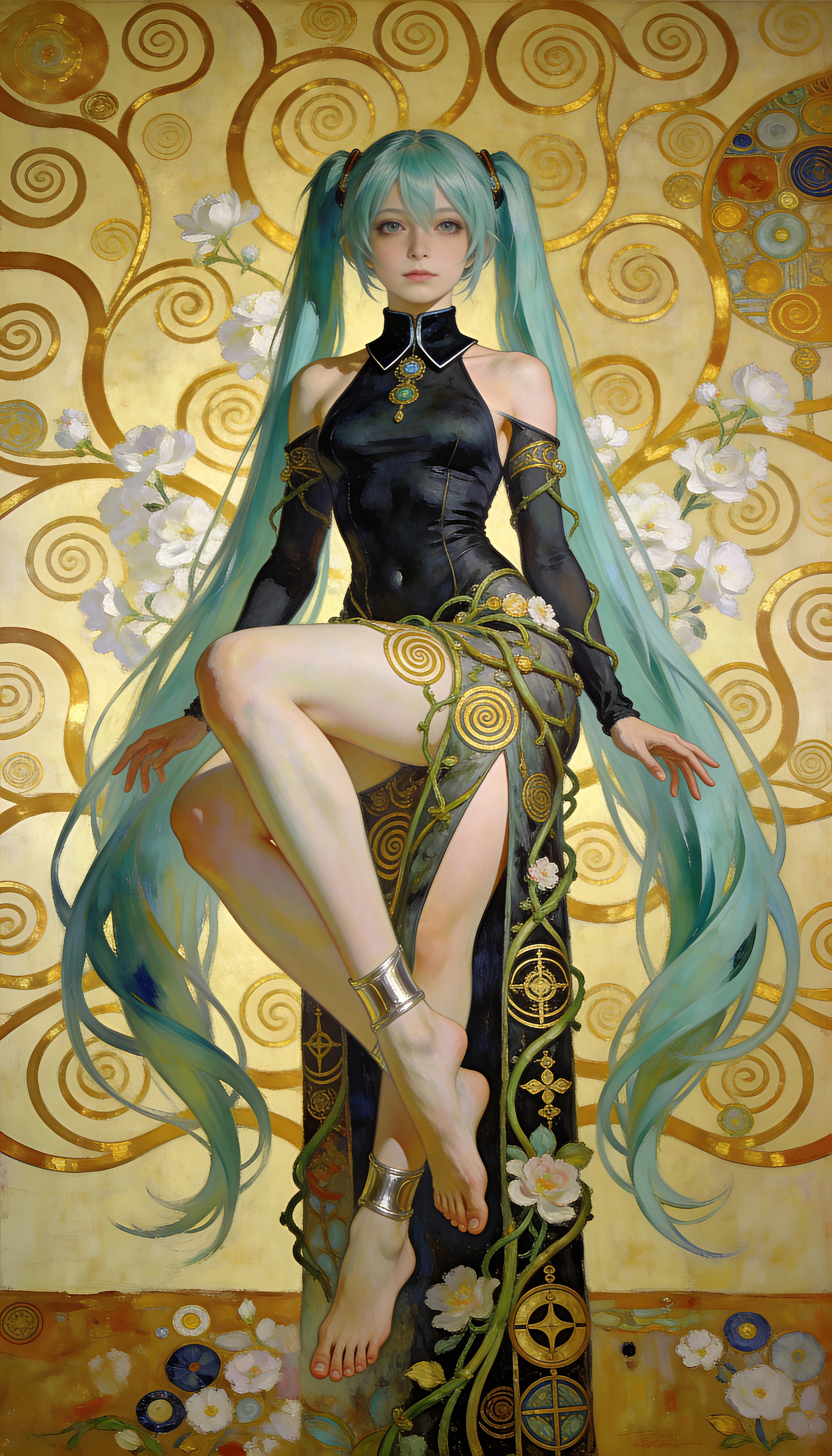 Femme anime sereine en robe art nouveau dorée et ornée