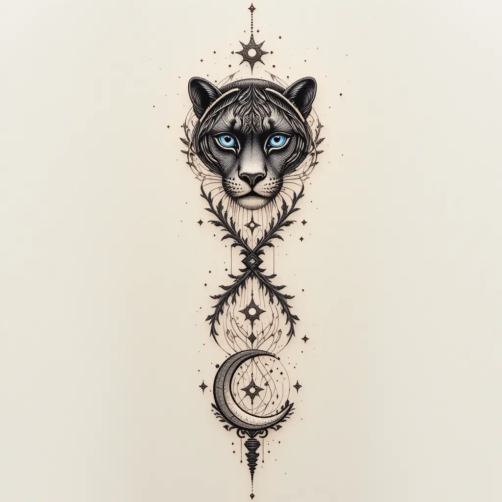 Vertikales Unendlichkeits-Tattoo mit Pantheraugen und himmlischen Symbolen