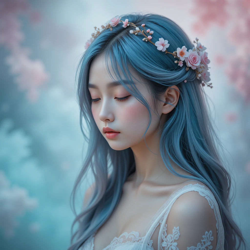 年輕亞洲女性的夢幻花卉細節人像