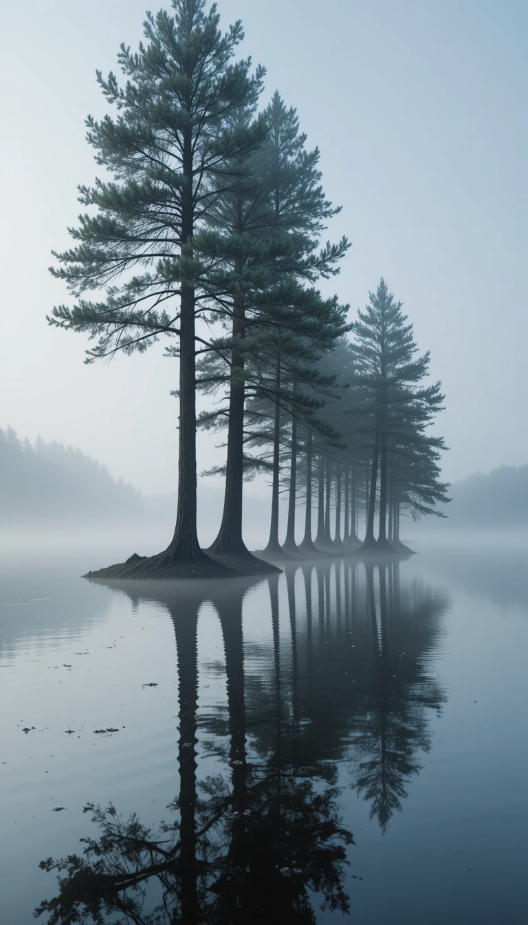 Calm pine trees reflecting on a misty morning lake