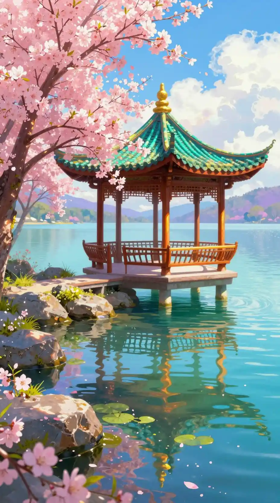 Belvédère oriental au bord du lac avec cerisiers en fleurs et eau turquoise