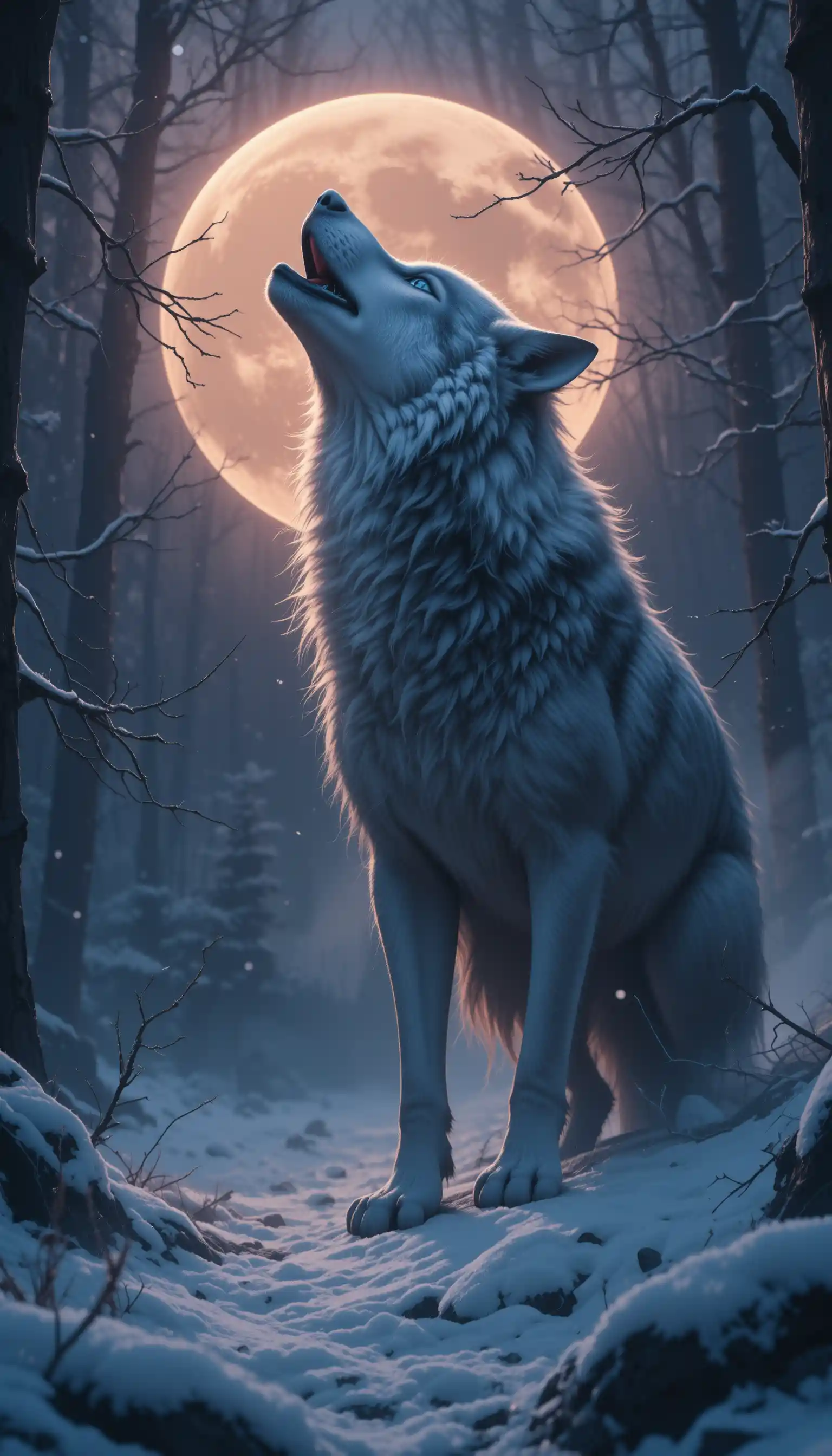 Lobo cinzento uivando em uma floresta nevada ao crepúsculo