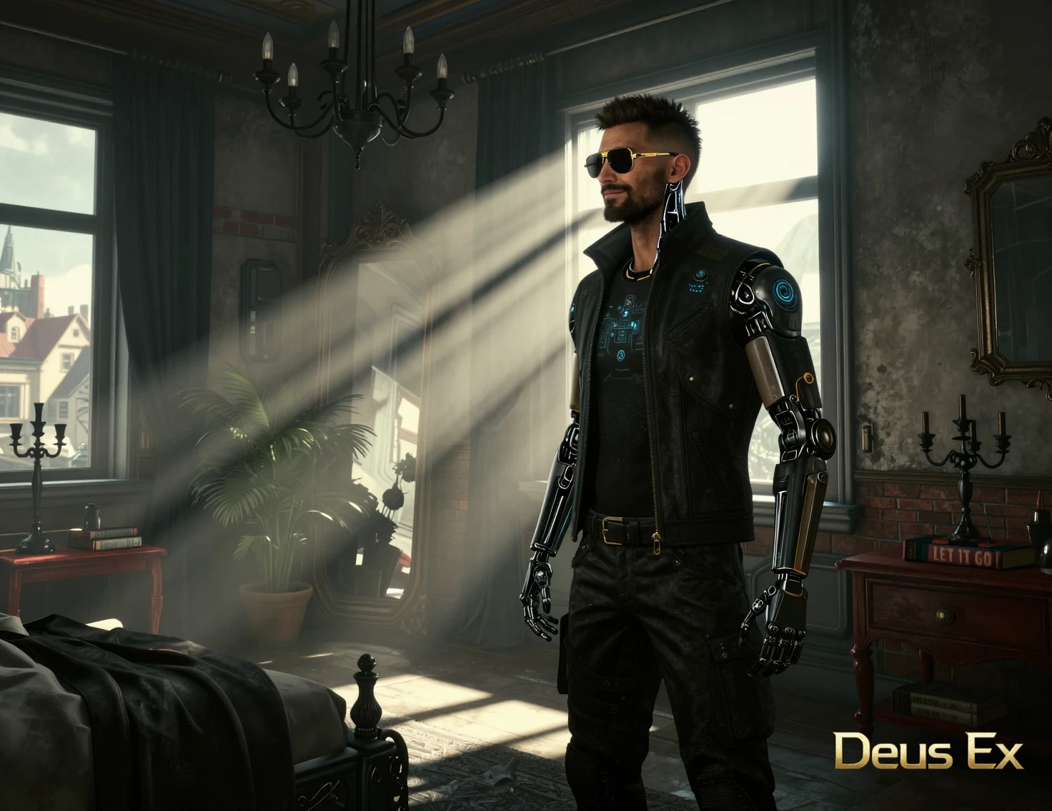 Detective potenziato in una camera da letto cyberpunk