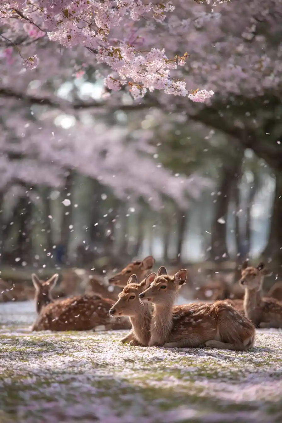 Sika deer resting under blooming cherry trees in Nara park