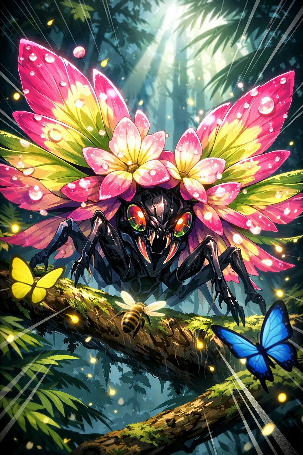 Inseto predador de anime disfarçado de isca de flor tropical