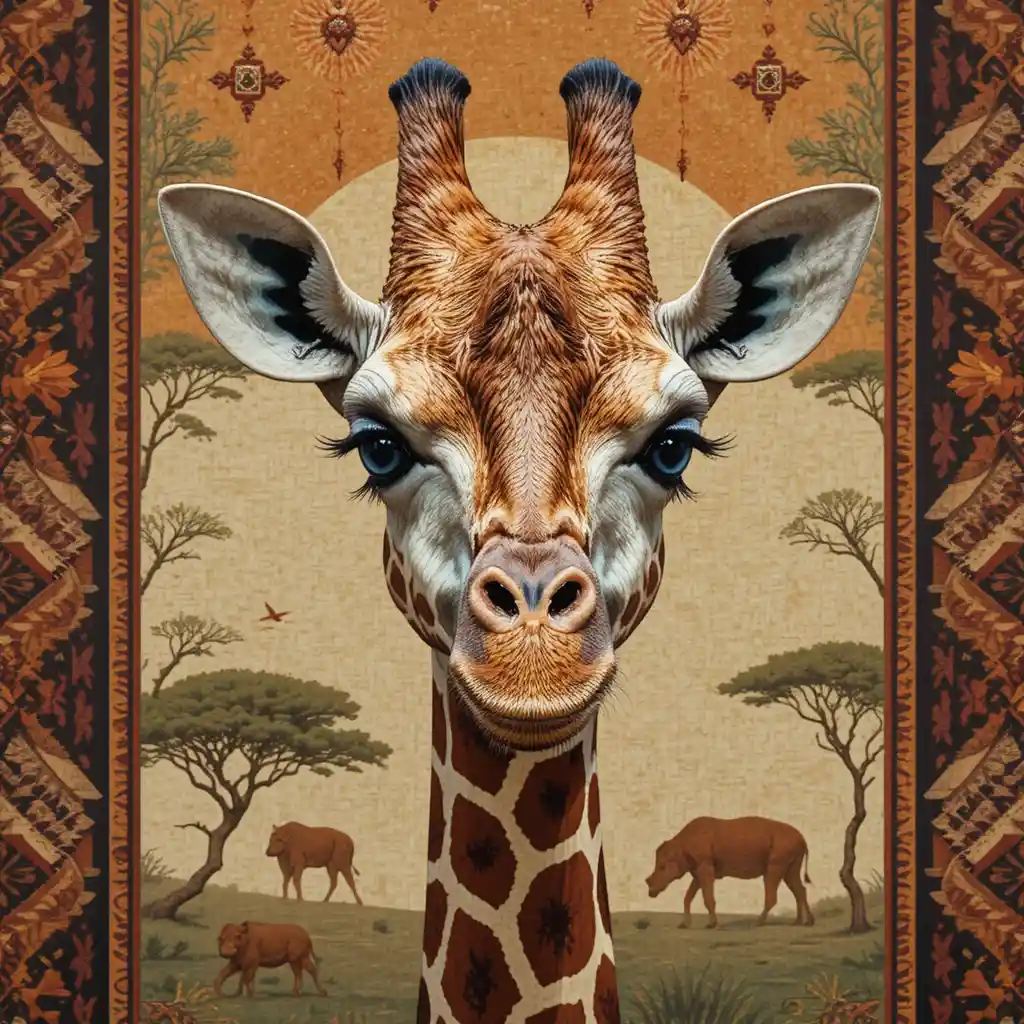 Blue eyed giraffe on tribal savannah tapestry background