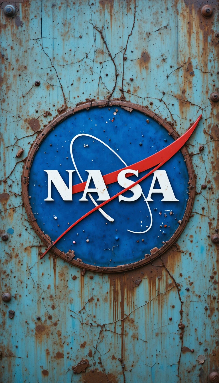 Logo in stile NASA invecchiato su superficie metallica arrugginita