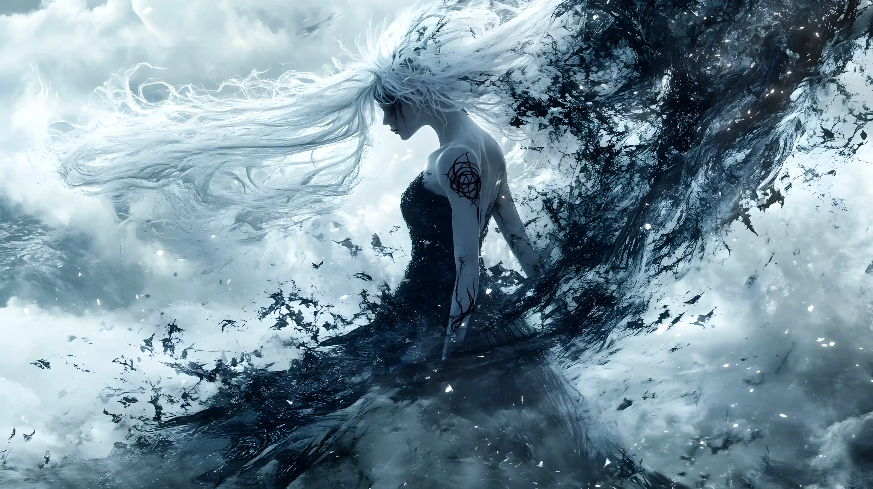 Hechicera oscura bailando en un bosque helado y embrujado