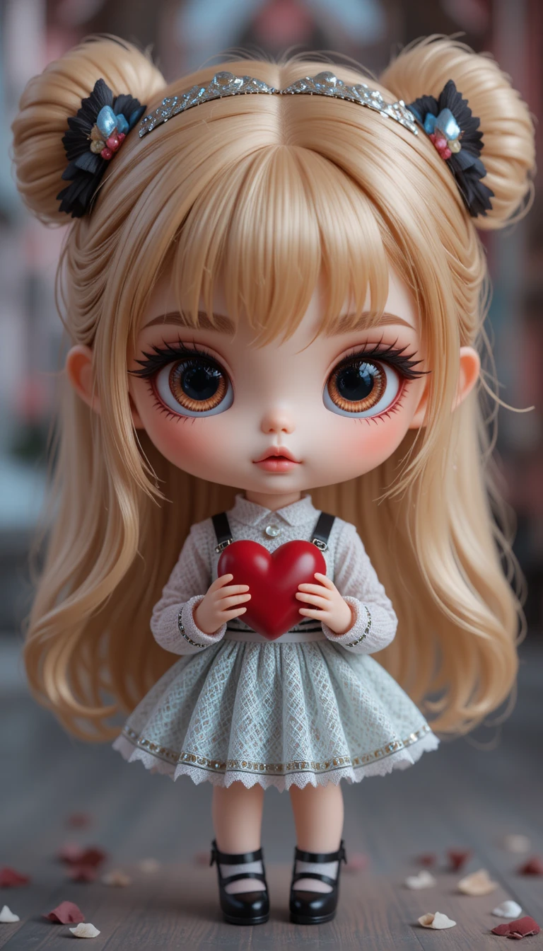Boneca chibi 3D glamourosa com coração em estúdio