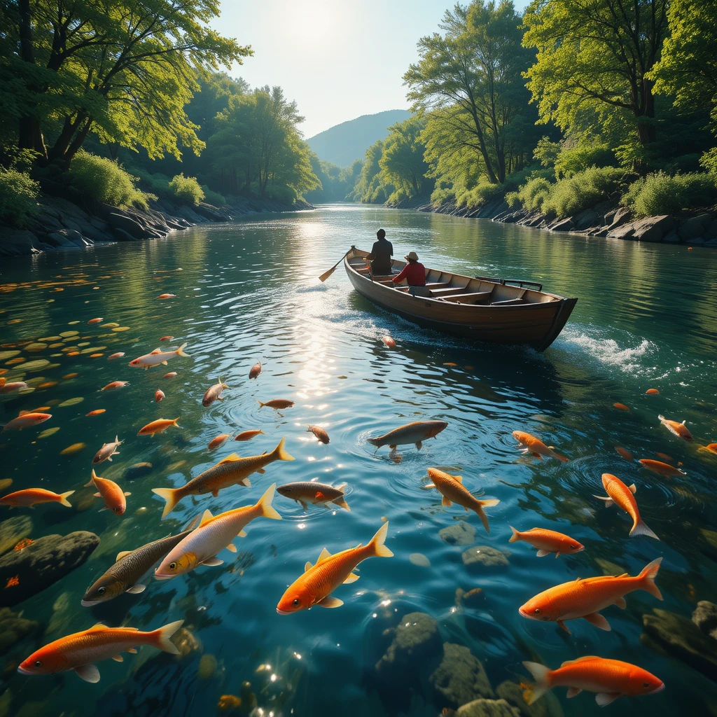Rio tranquilo com peixes coloridos e um barco de madeira