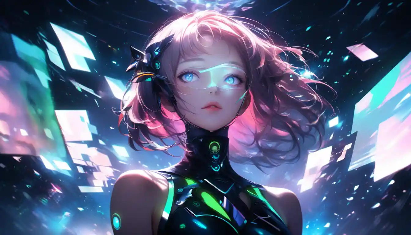 Jeune femme entourée de technologie futuriste holographique