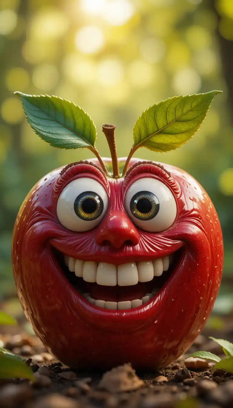 Personnage joyeux de pomme rouge 3D avec grands yeux et sourire