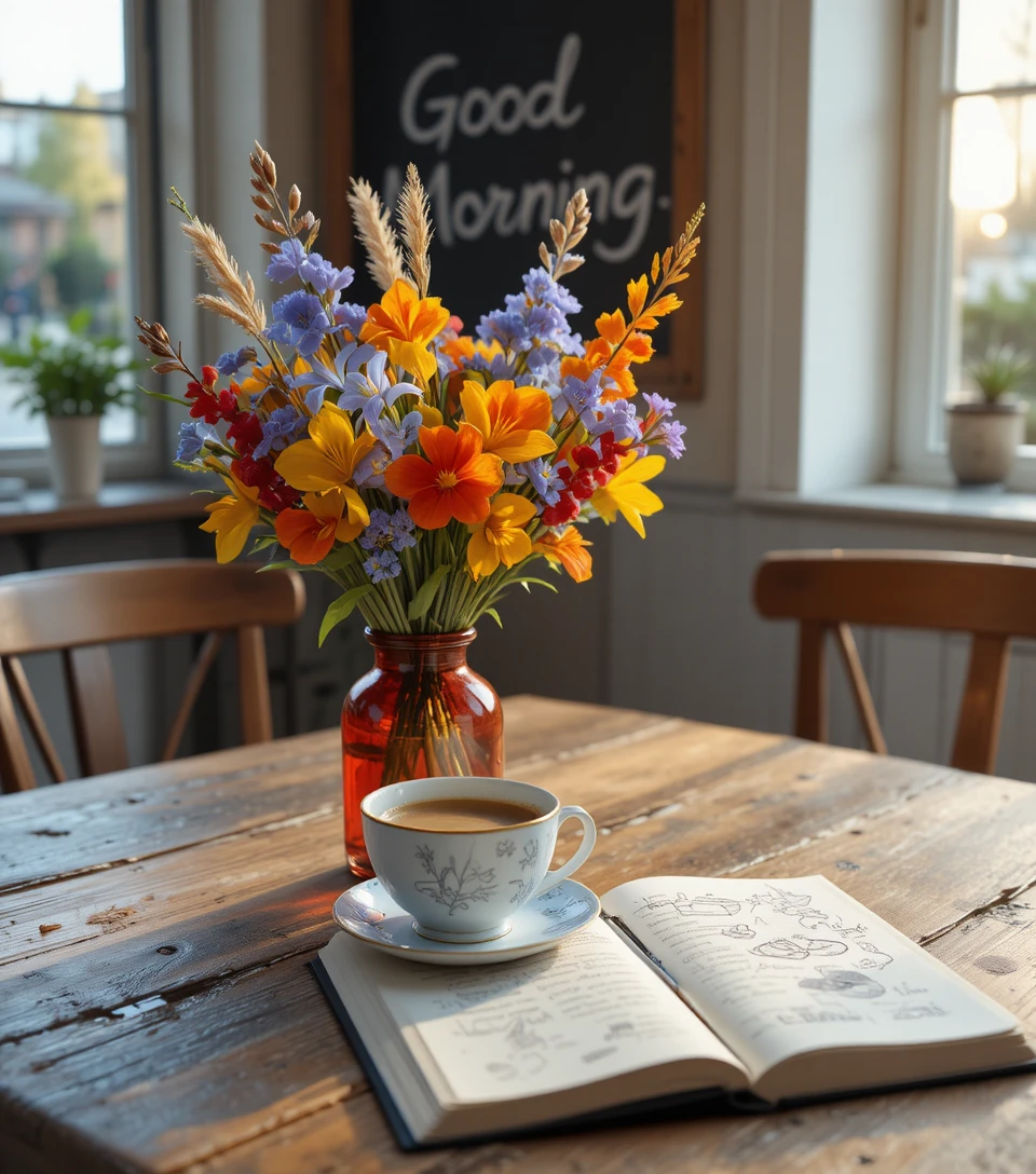 Café du matin et bouquet de freesias sur table de café rustique