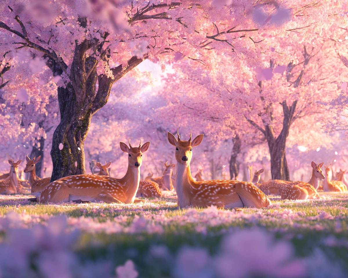 Cervo em estilo anime descansando sob flores de cerejeira em um parque tranquilo
