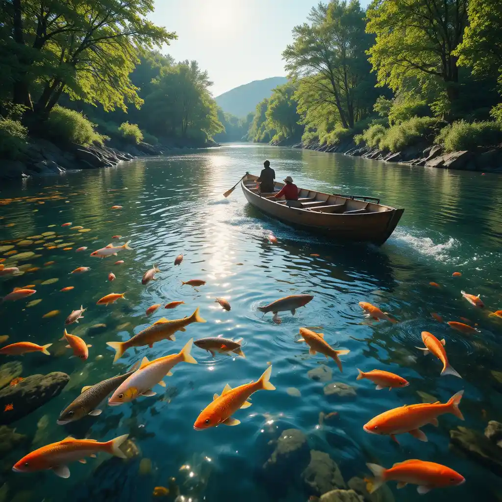 Fiume tranquillo con pesci colorati e barca di legno