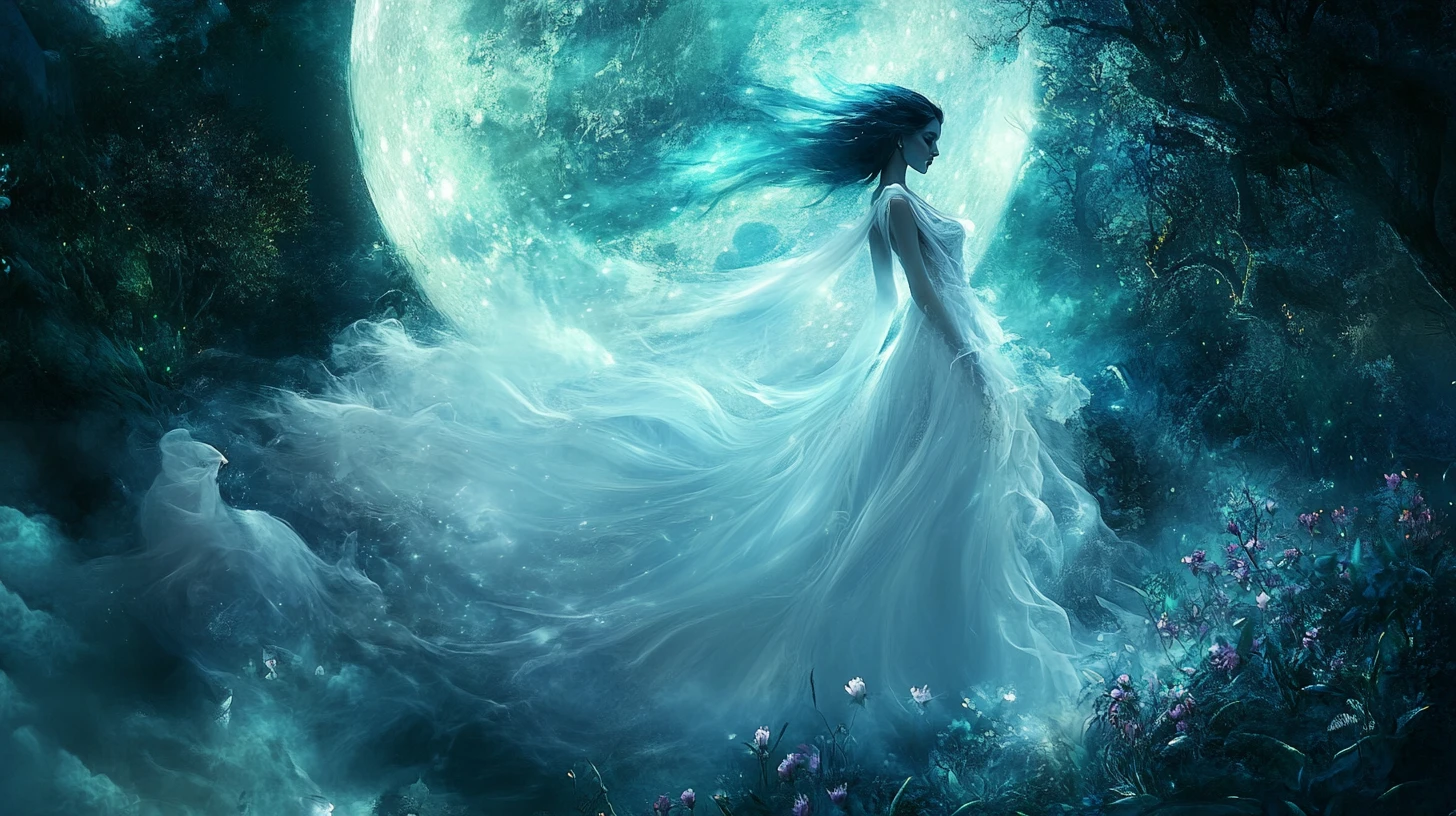 Femme mystique se dissolvant dans la brume sous la pleine lune