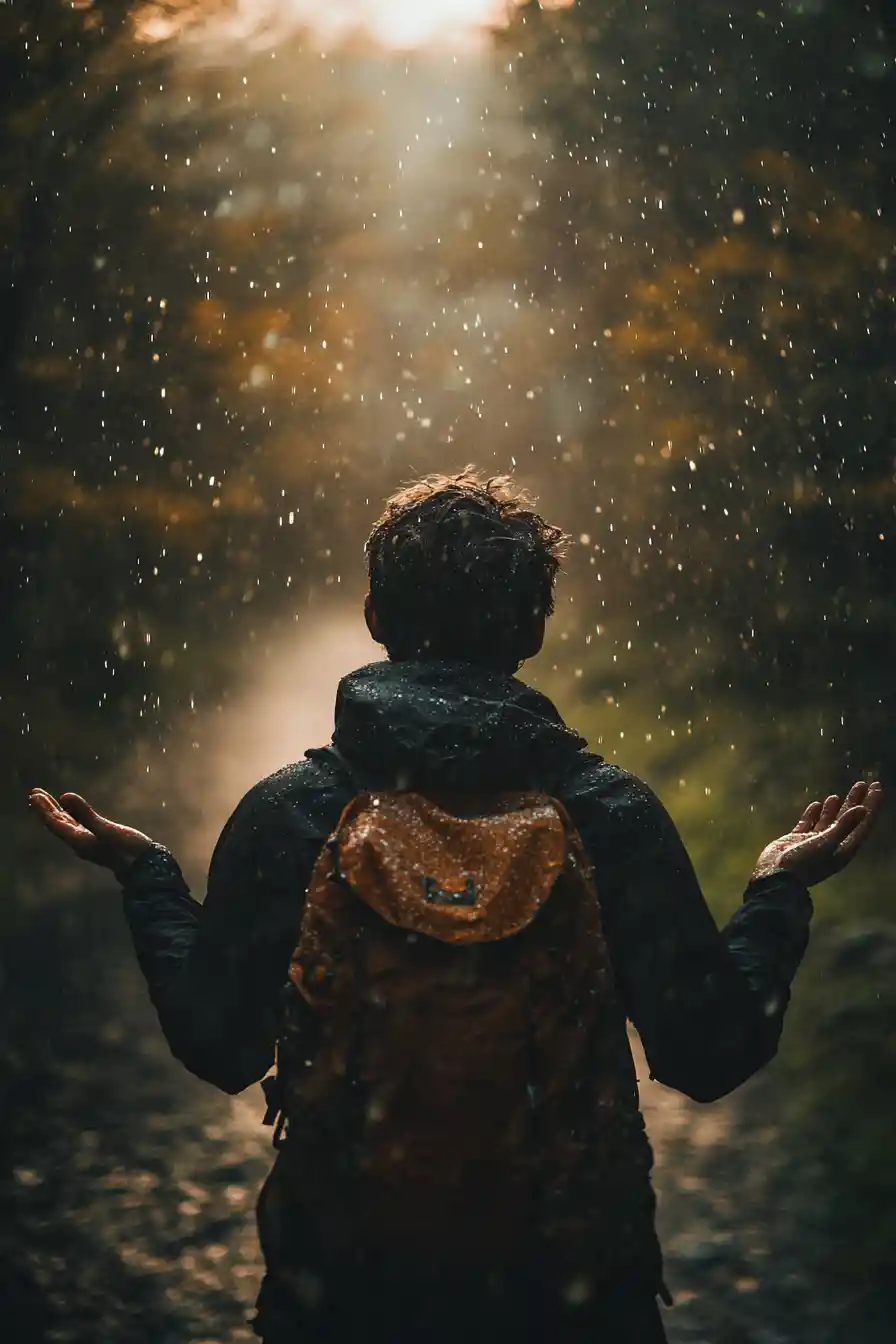 Lonely traveler walking under the fresh scent of rain