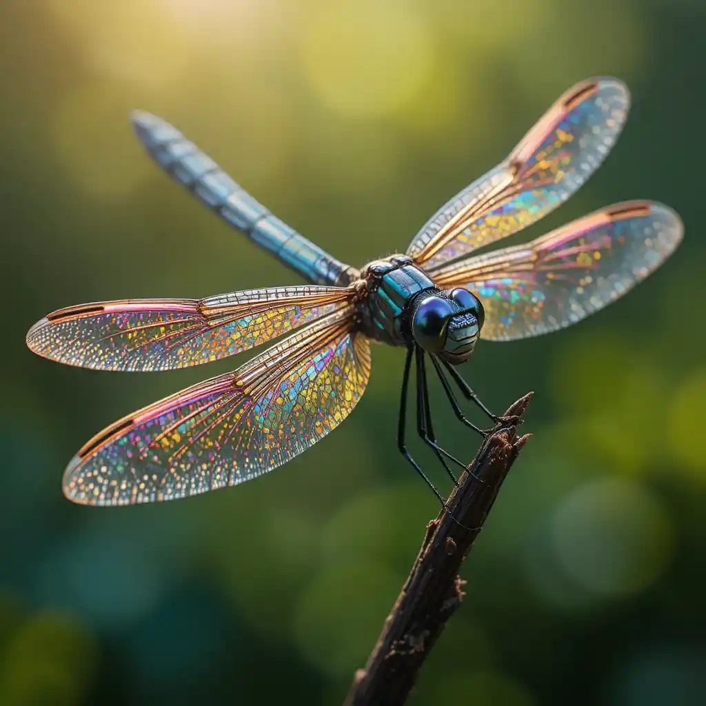 Gros plan macro d’une libellule scintillante en vol