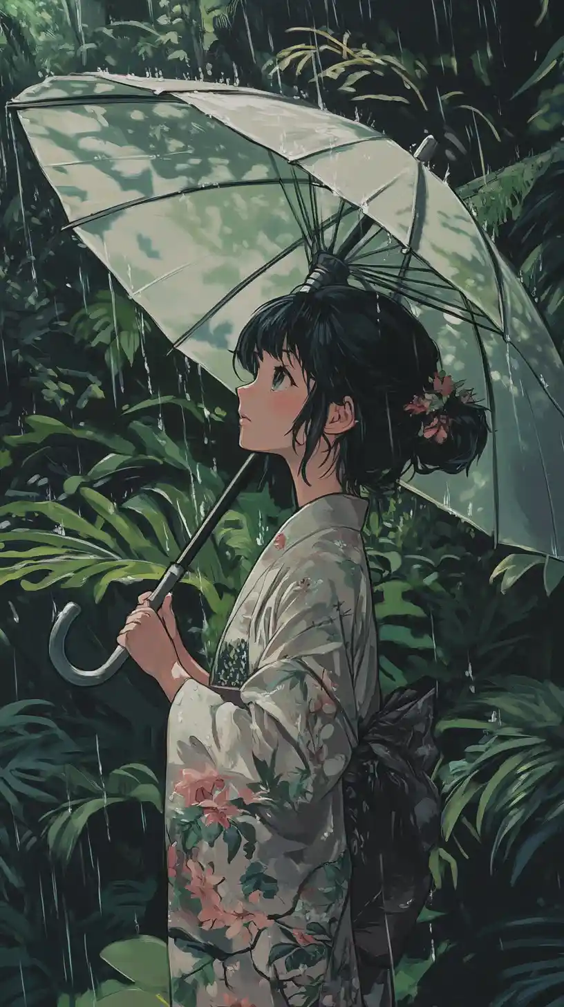 Ragazza anime con ombrello in una foresta tropicale piovosa