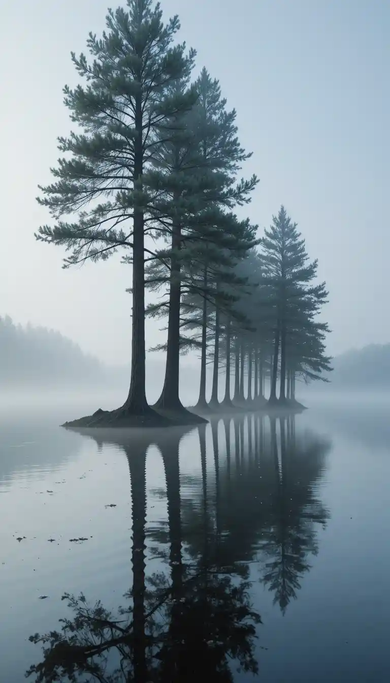 Calm pine trees reflecting on a misty morning lake