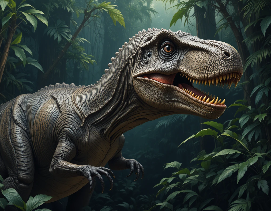 Retrato em close de um tiranossauro rex rugindo na selva