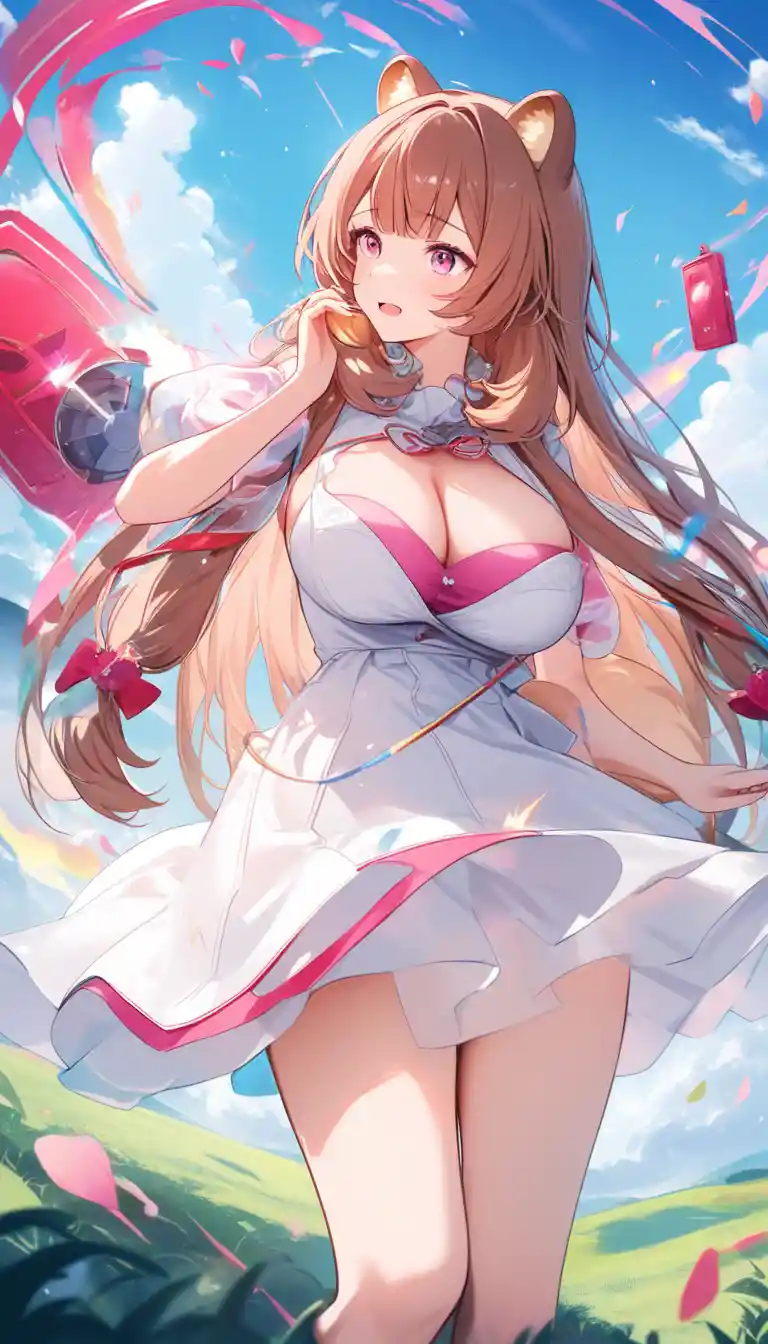 Ragazza procione in stile anime con abito bianco sopra le nuvole