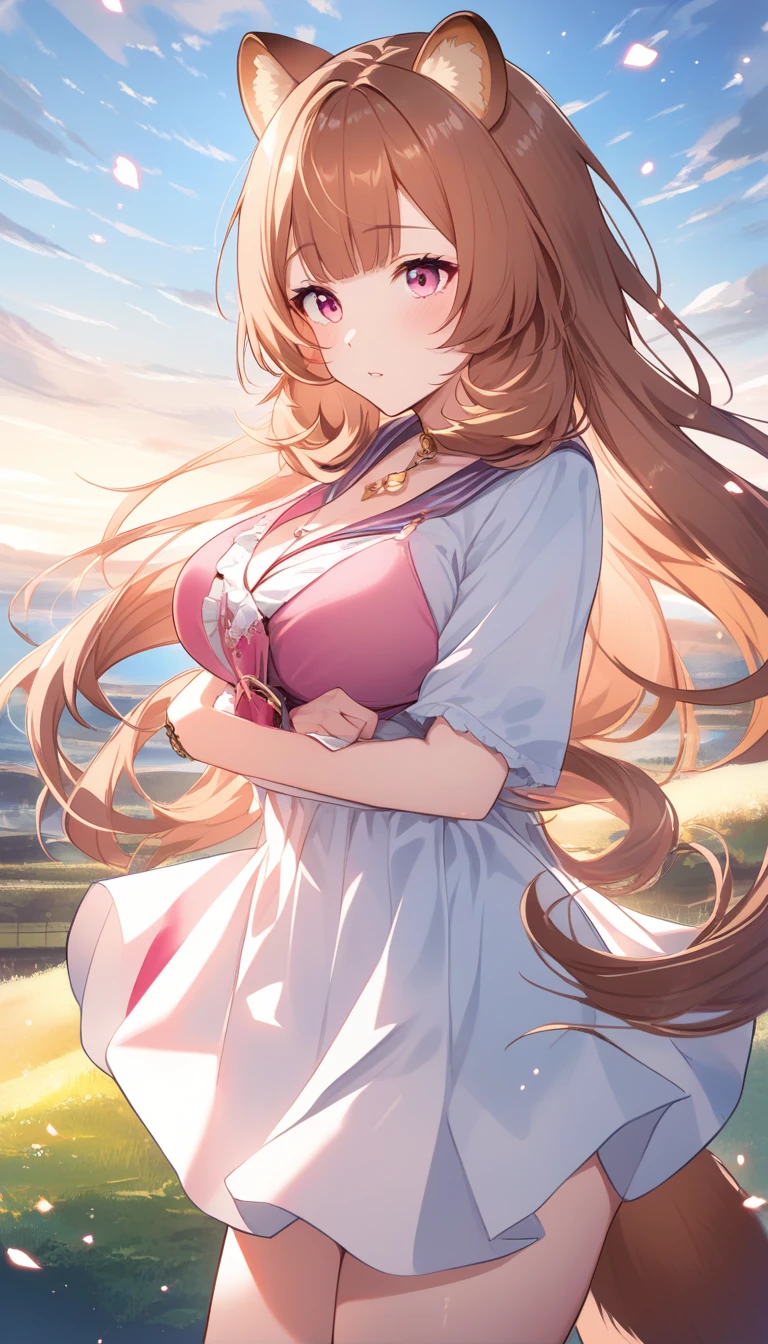 Anime raccoon girl in white dress floating in sky