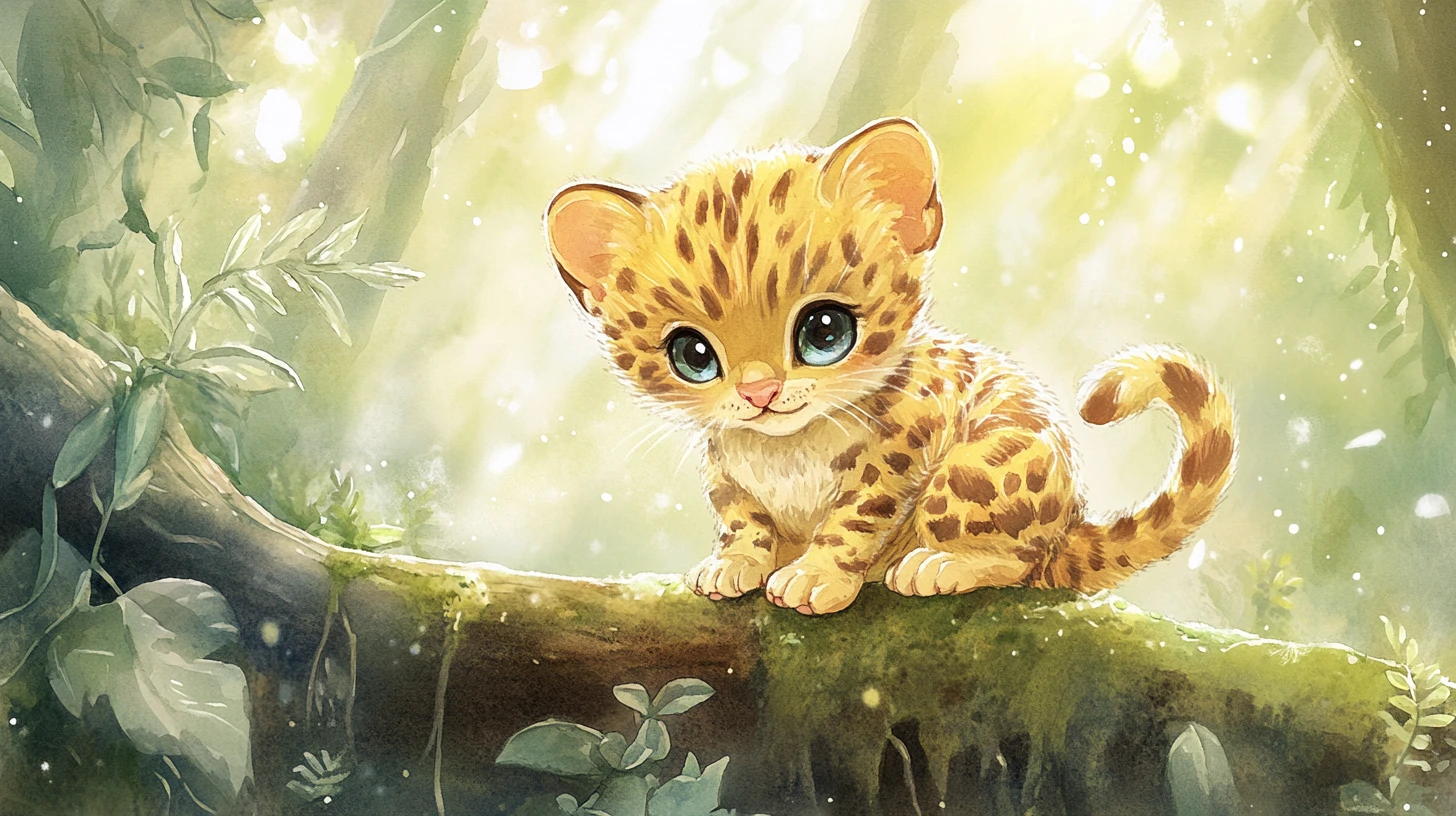 Bébé ocelot potelé sur rondin moussu dans une jungle en aquarelle