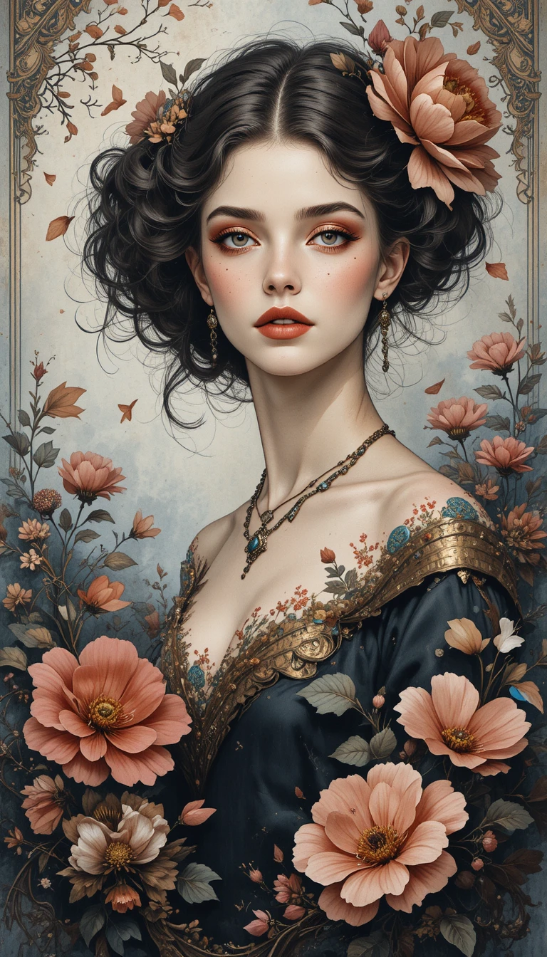 Vintage-Aquarellporträt einer Frau mit kunstvollen Blumen