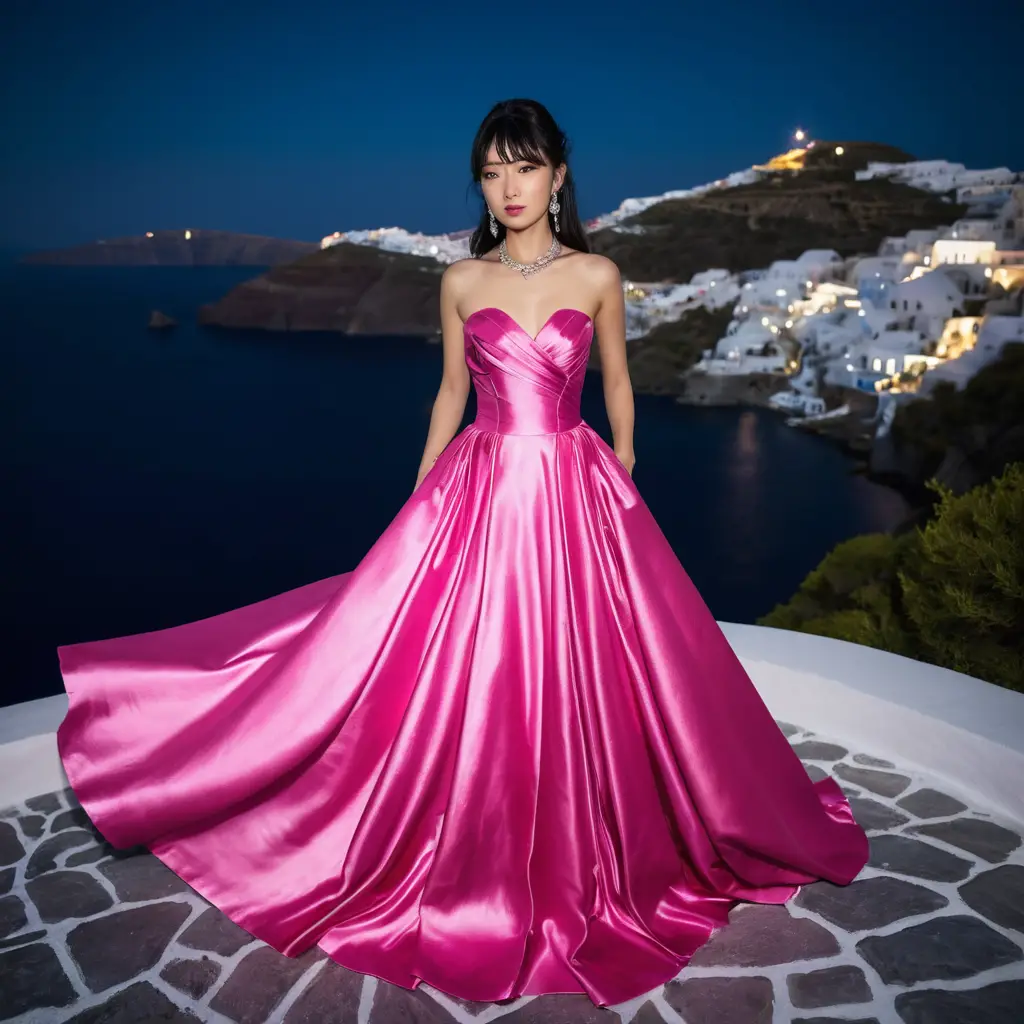 Jovem mulher com vestido de cetim rosa à noite em Santorini