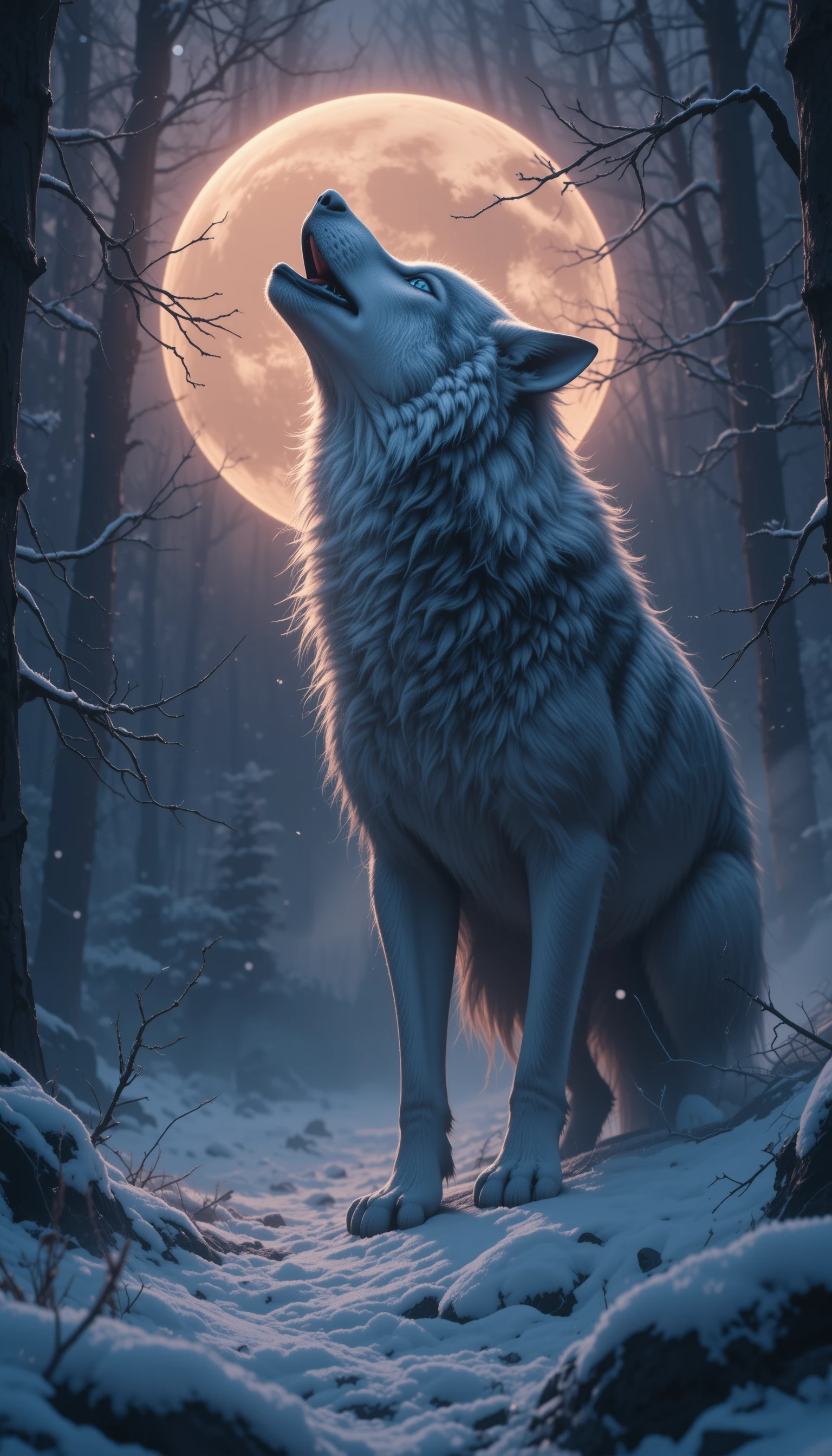 Lobo cinzento uivando em uma floresta nevada ao crepúsculo