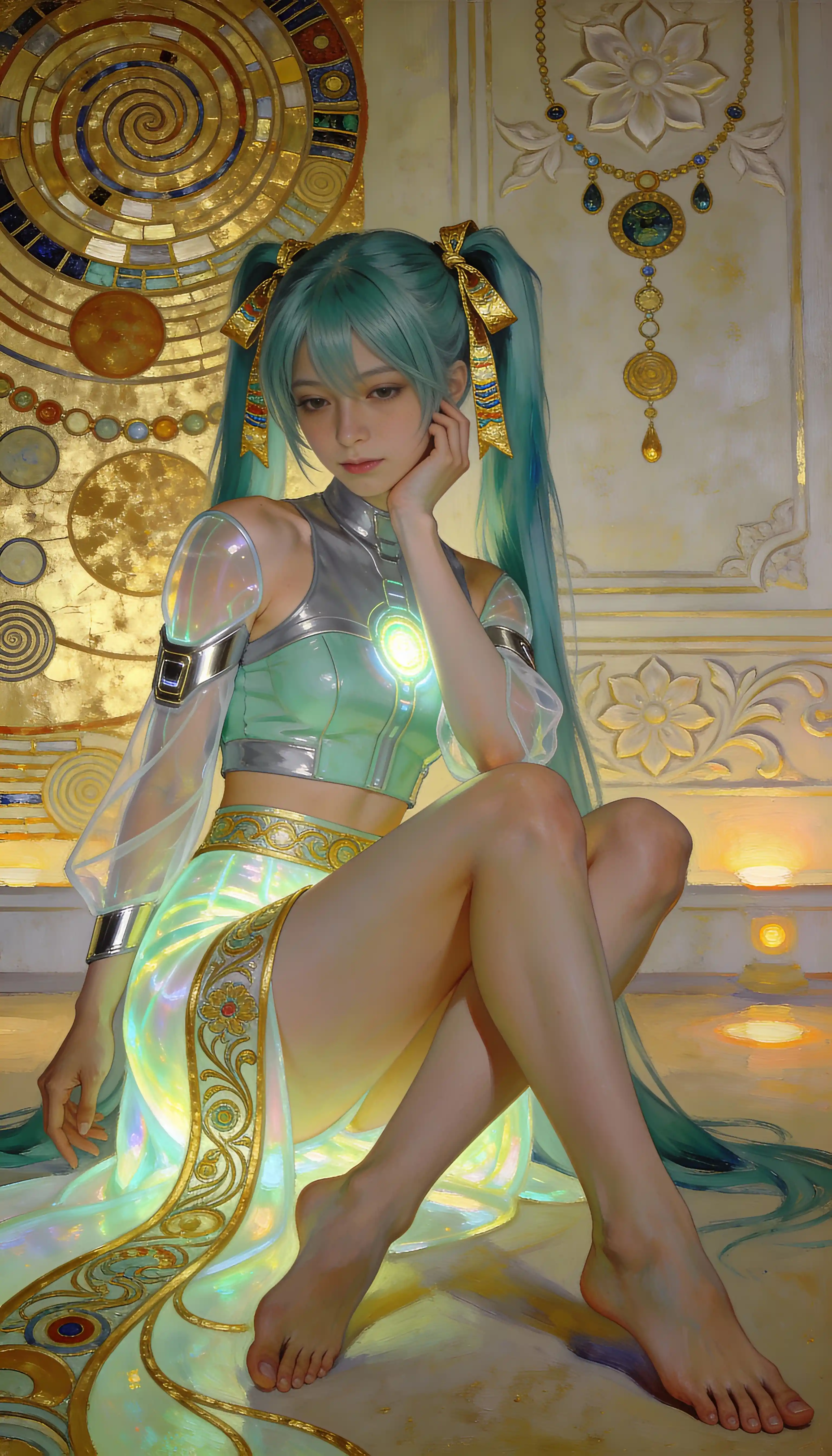 Serene anime girl in futuristic outfit with golden patterns