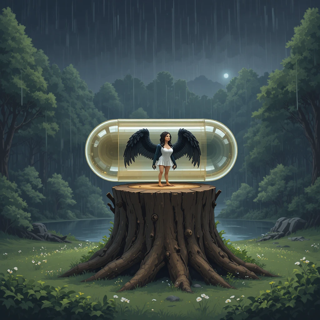 Floresta em pixel à noite com uma harpia em uma cápsula