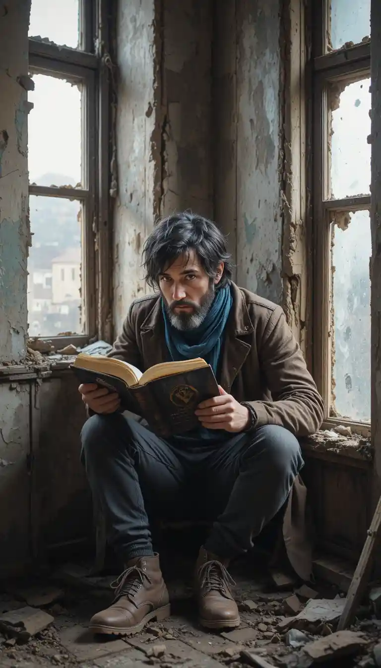 Hombre leyendo junto a una ventana rota en una habitación abandonada