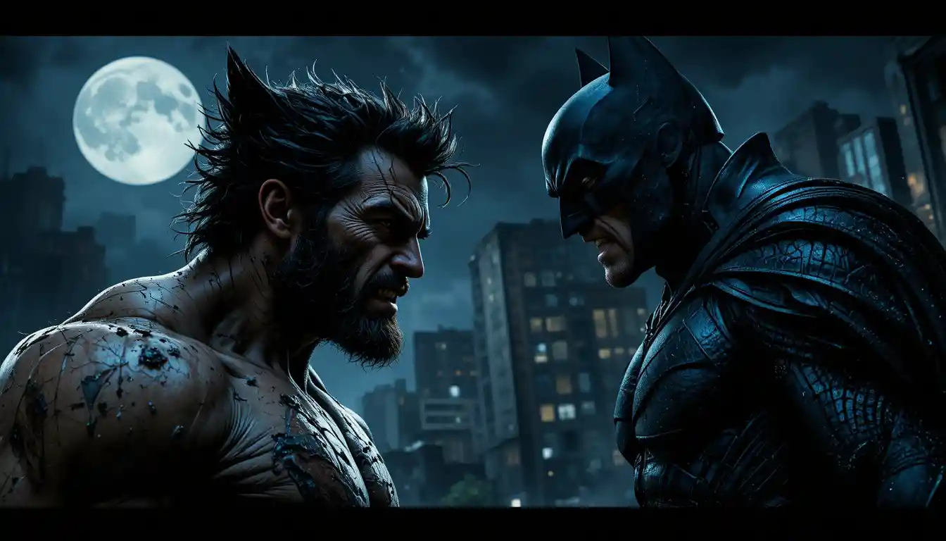 Wolverine e Batman Lutando sob uma Cidade Urbana ao Luar