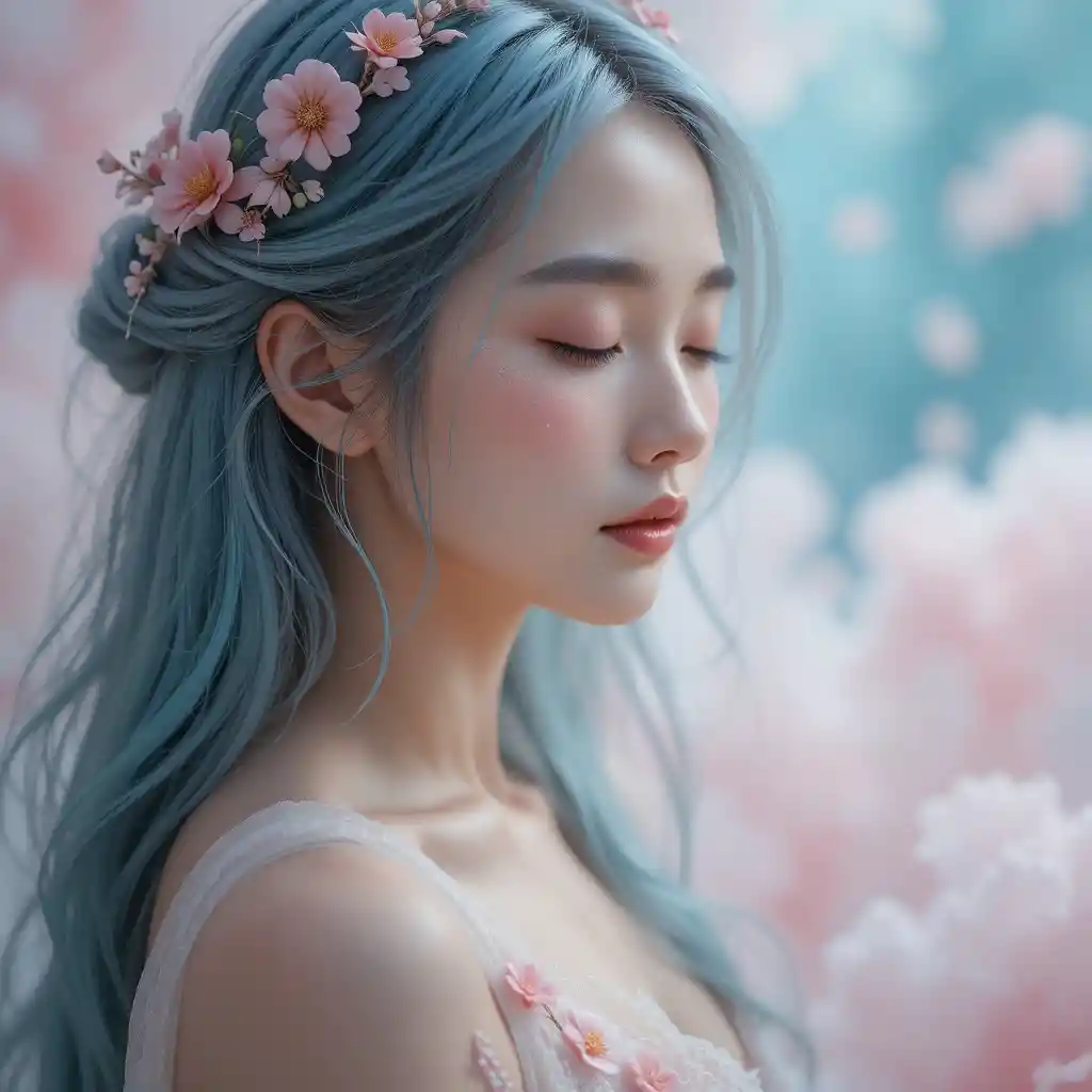 Ethereal portrait of a young woman with blue silver hair