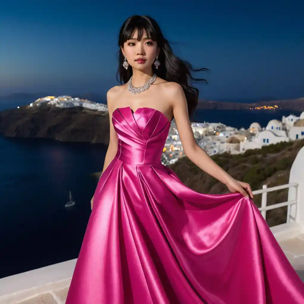 Elegante mulher japonesa em vestido de cetim rosa à noite