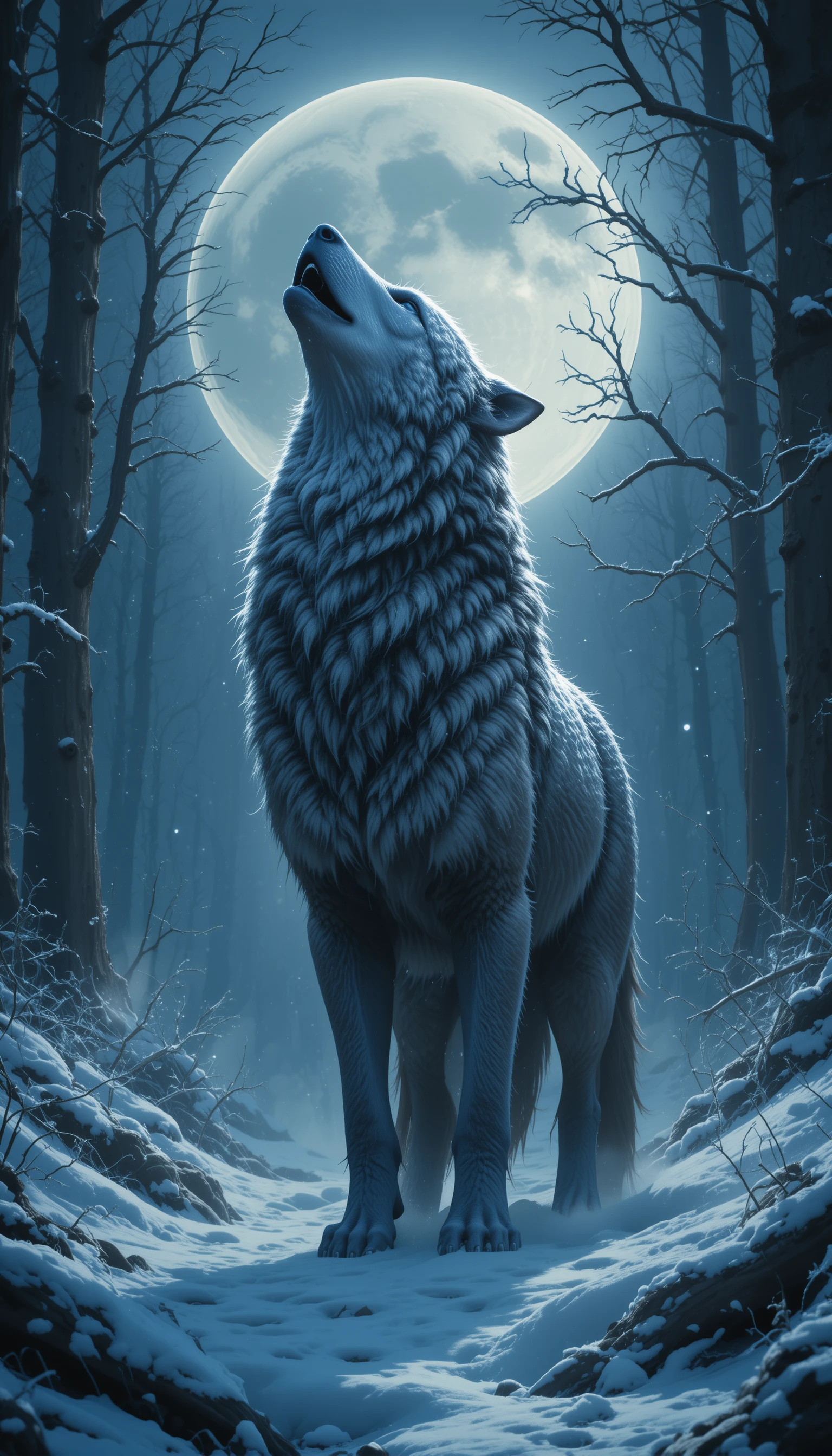 Lobo cinzento uivando em uma floresta nevada ao crepúsculo