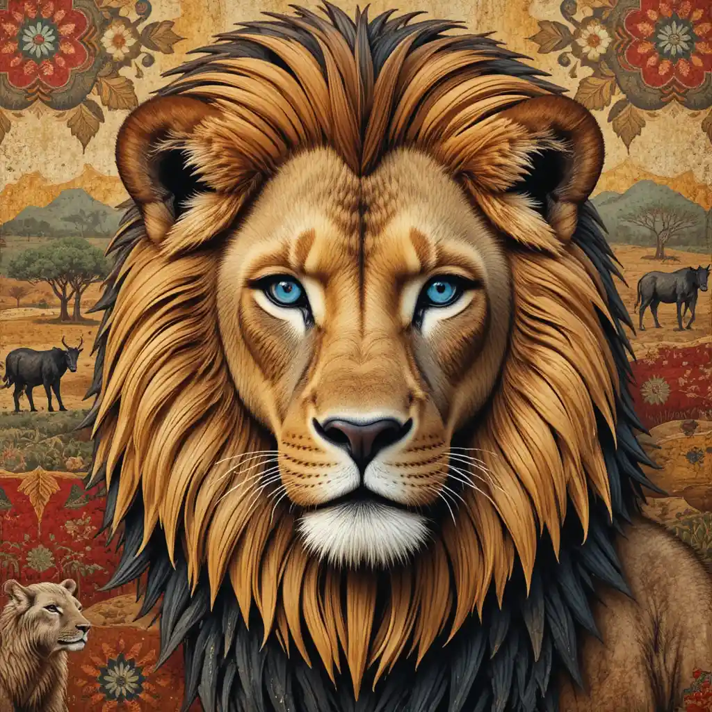 Blue eyed lion on tribal savannah tapestry design