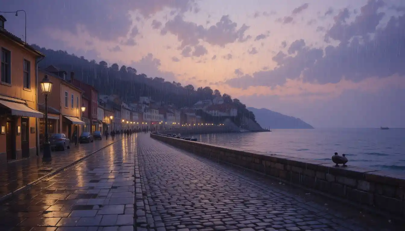 Quiet coastal town street in soft dusk rain reflections