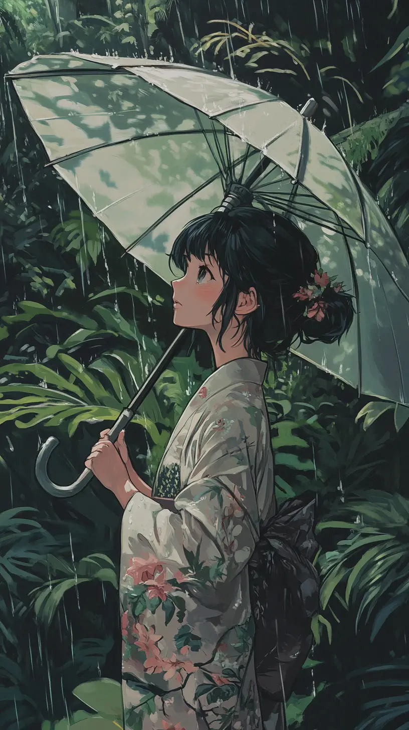 雨中熱帶森林裡撐傘的動漫女孩