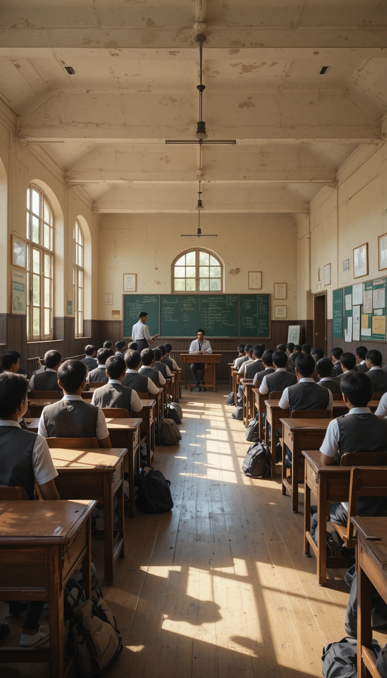 Indian school classroom with students seated at wooden desks